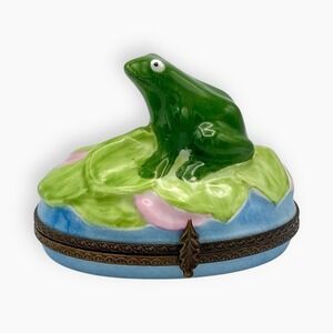 Limoges France Porcelain Frog Trinket Box Hand Painted Peint‎ Main Lily Pad